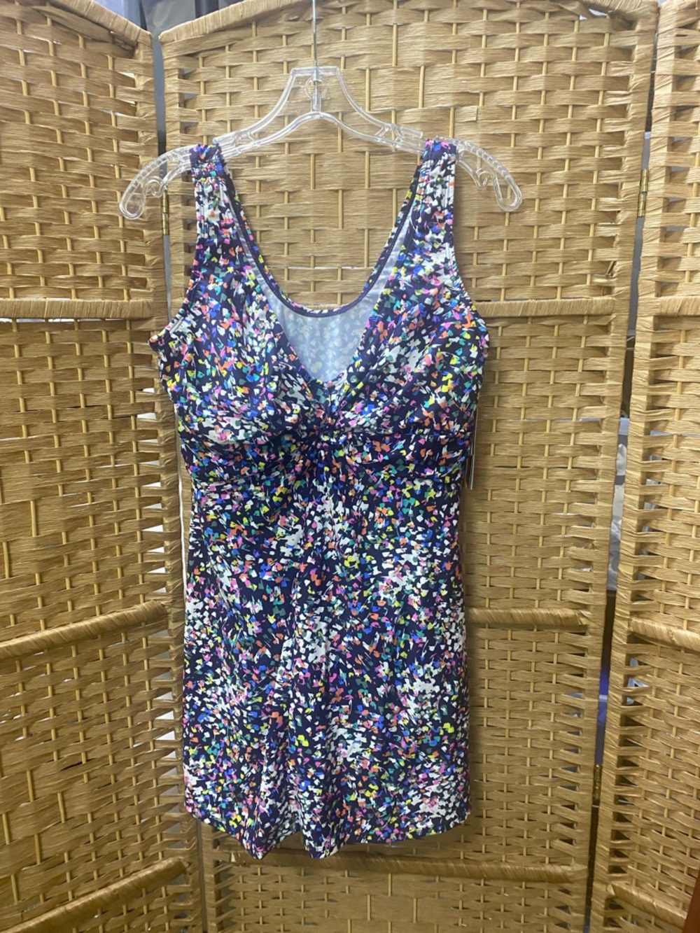 Island Escape Navy One-Piece Swimdress with Multicolor Confetti Print